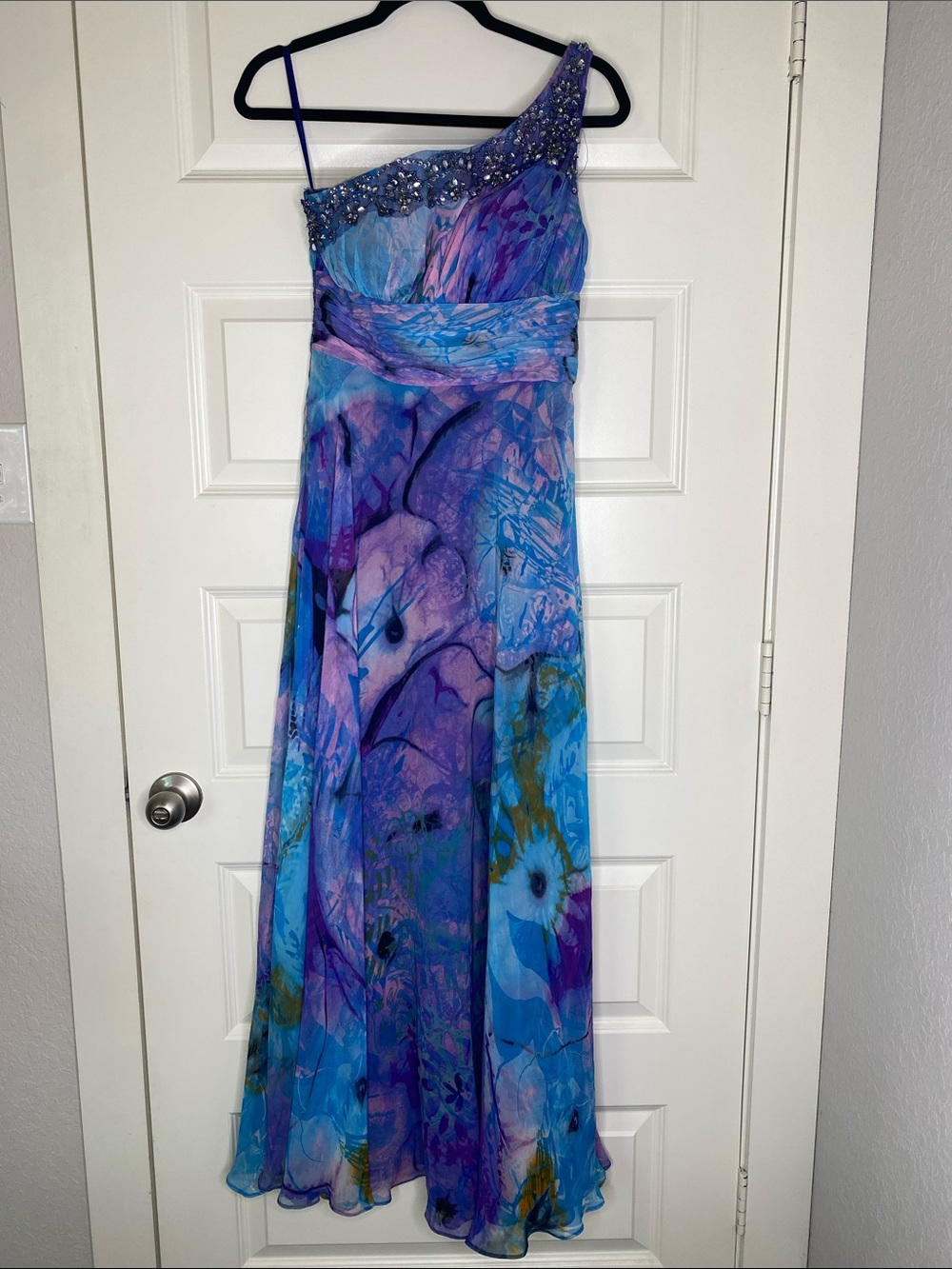 Y2K One-Shoulder Beaded Blue Purple Floral Gown